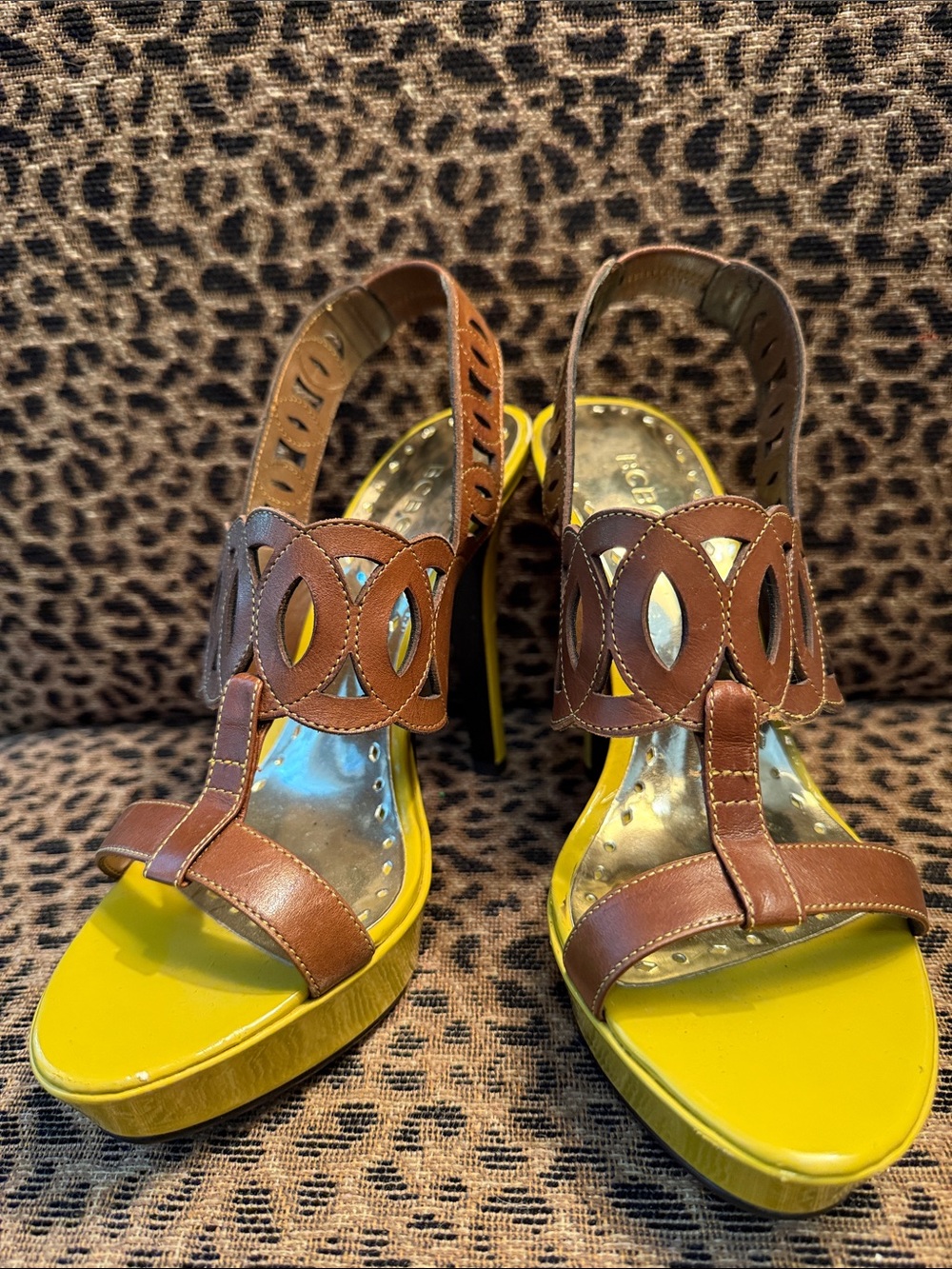 BCBG Brown Leather & Yellow Platform Heels - Women's High Heel Sandals